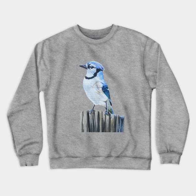 Blue Jay on a Post - fall bird painting (no background) Crewneck Sweatshirt by EmilyBickell